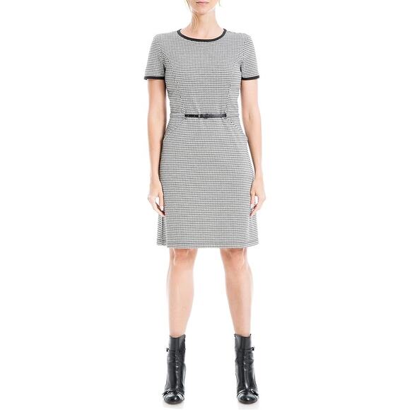 Max Studio Black White Houndstooth Short Sleeve Belted Zip Mini Sheath Dress M - Picture 1 of 7